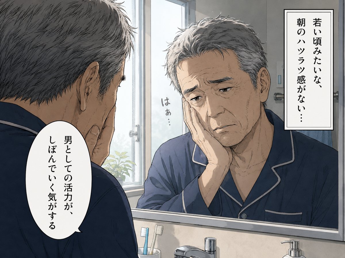 朝の洗面所で鏡を見る男性