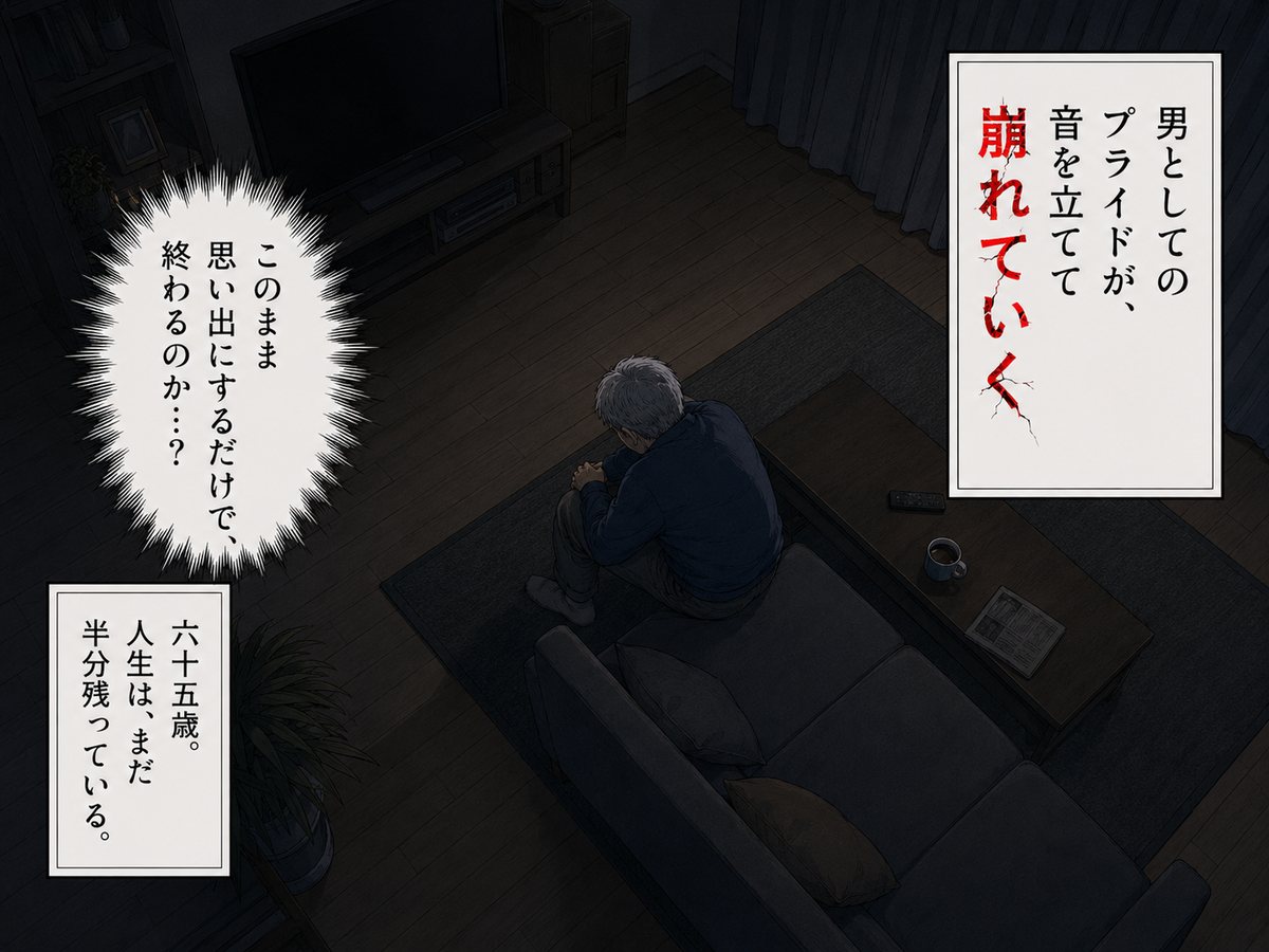 深夜のリビングで一人うつむく男性