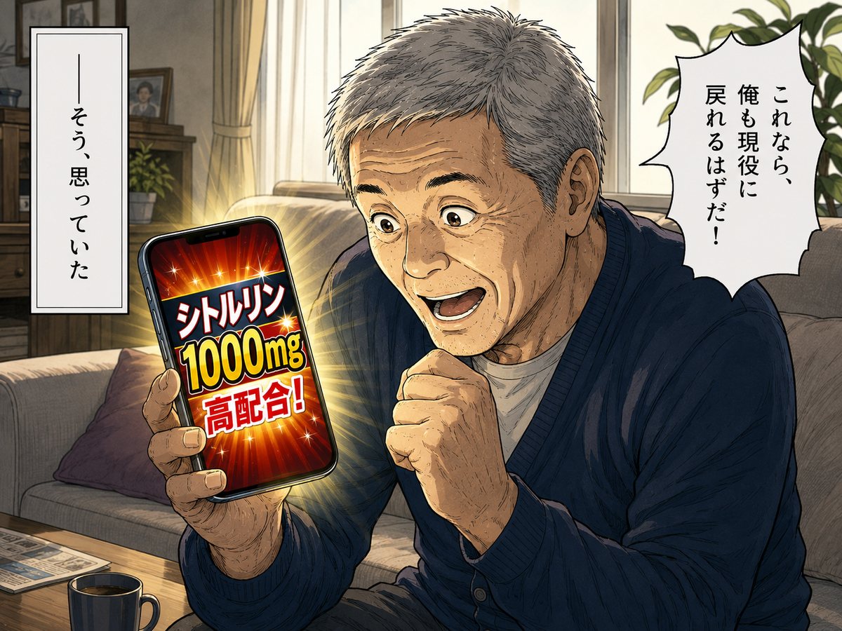高配合をうたう広告を見て期待する男性