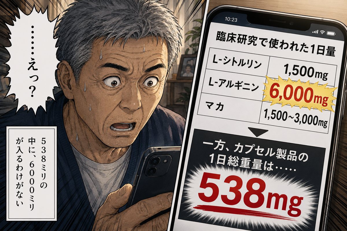 臨床研究の1日量と製品総重量538mgの比較