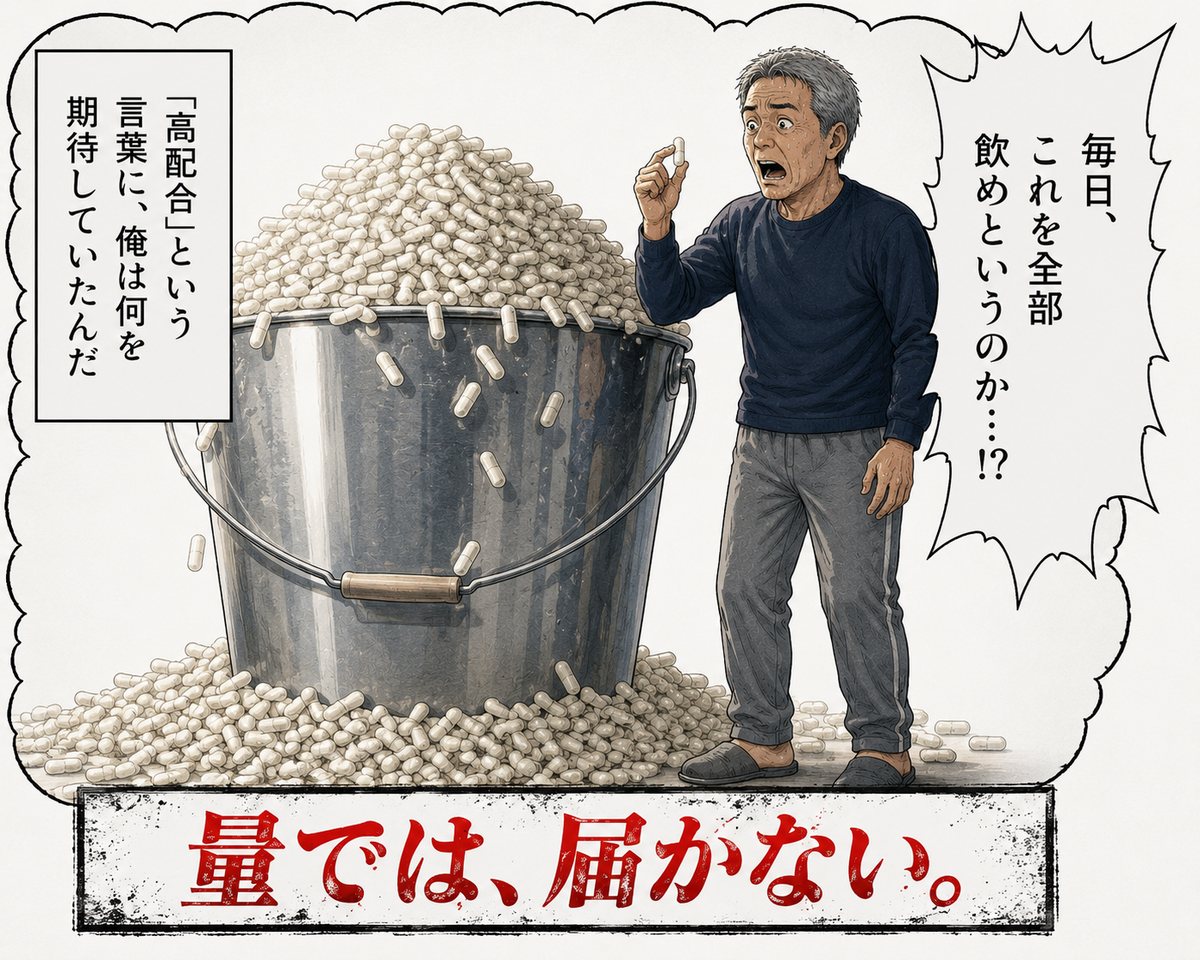 バケツ一杯のカプセルを前に立ち尽くす男性