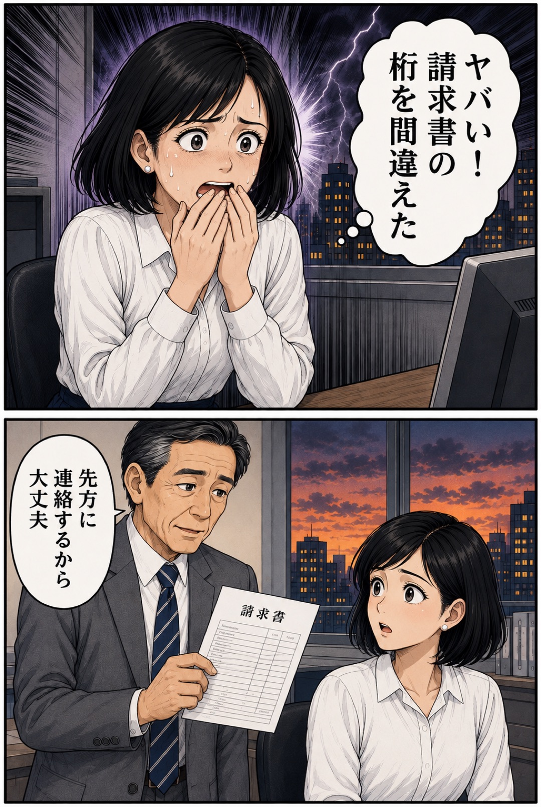 発注ミスで青ざめる後輩と、淡々と直して去る主人公