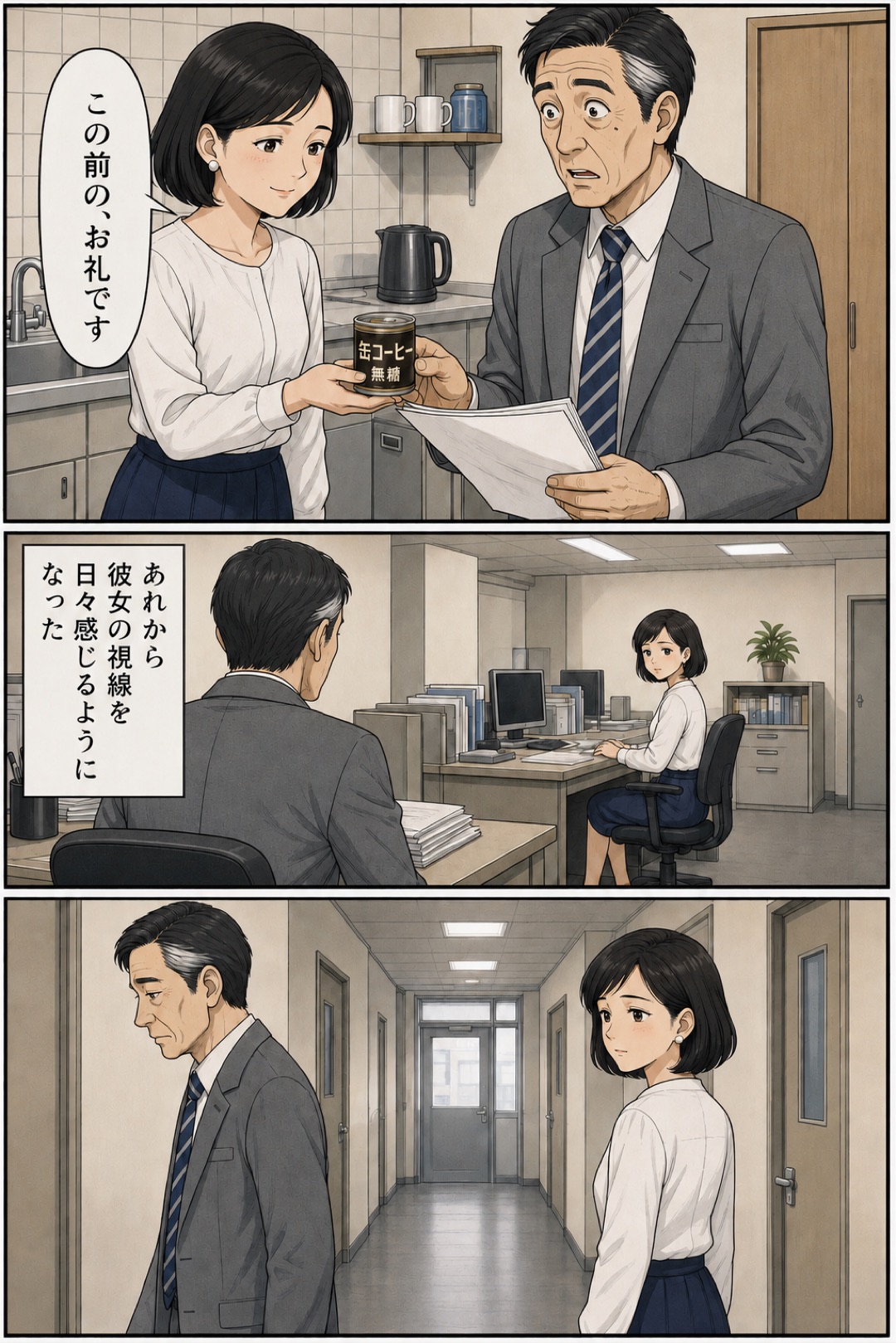 給湯室で缶コーヒーを渡され、視線が変わっていく後輩